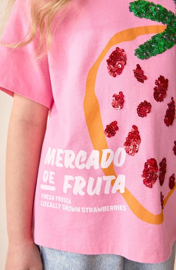 Kids' Strawberry Sequin Embellished Cotton Graphic T-Shirt