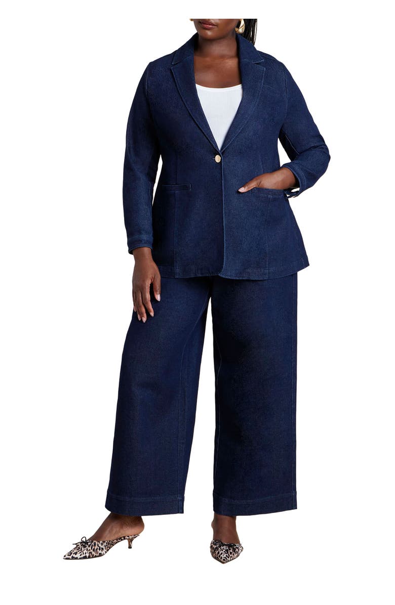 ELOQUII Sailor Gold Button Comfort Stretch Trouser Jean, Main, color, Dark Rinse