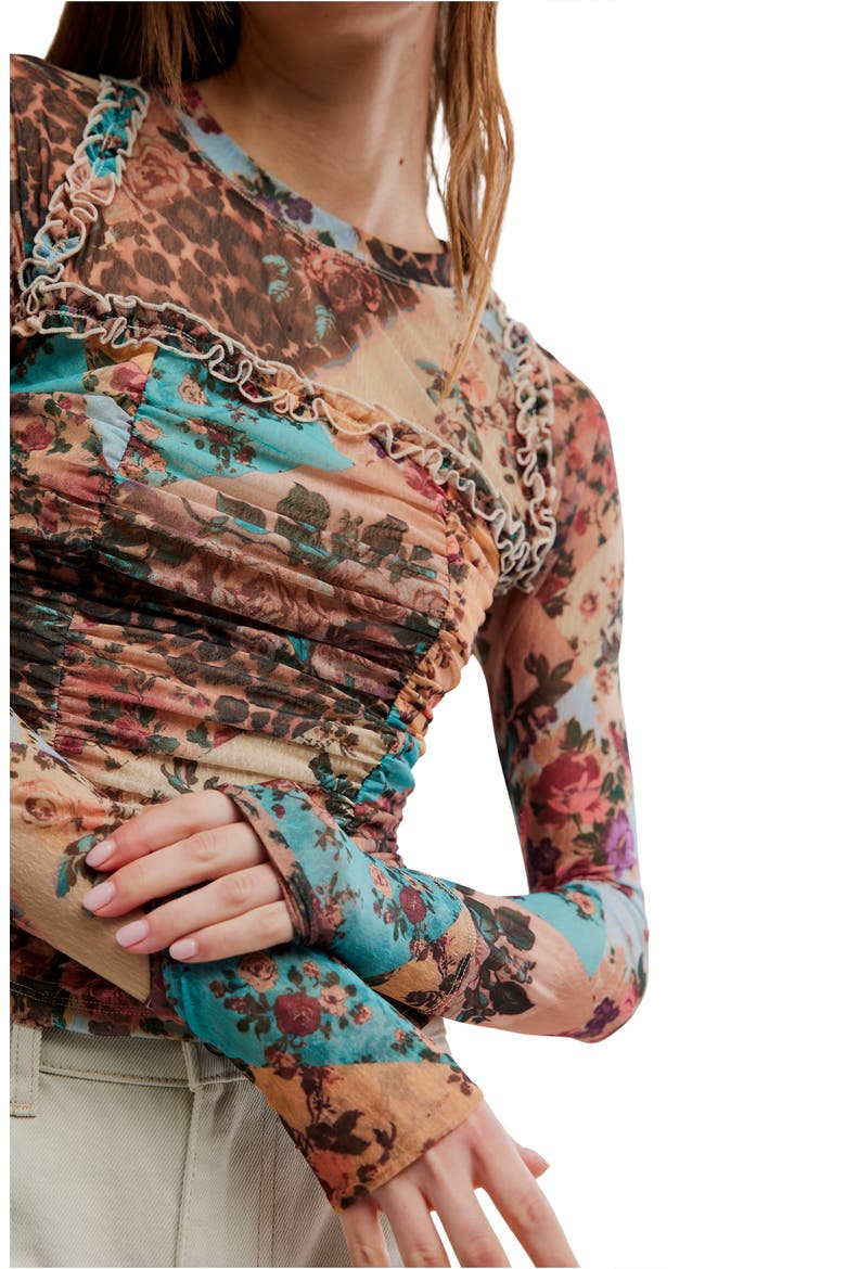 Ariana Printed Ruffle Shirred Mesh Shirt, Alternate, color, TAUPE COMBO