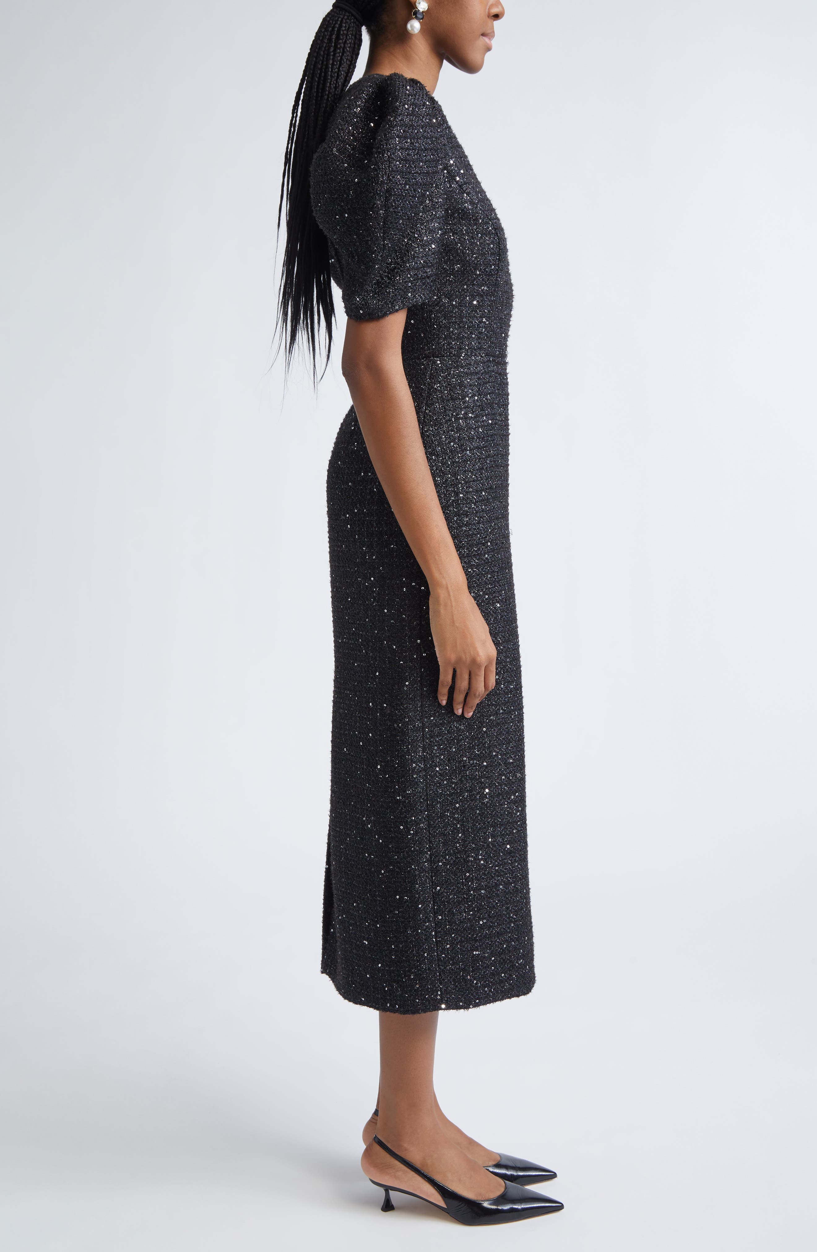 metallic tweed sheath dress Sail to Sable NAVY Metallic Tweed Short Sleeve Shift Dress NAVY / L / H2522