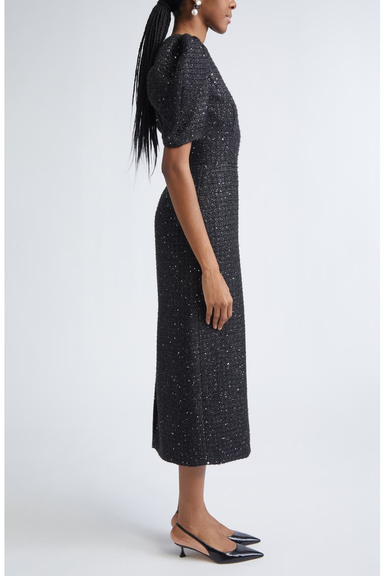 Puff Sleeve Metallic Tweed Sheath Dress, Alternate, color, BLACK