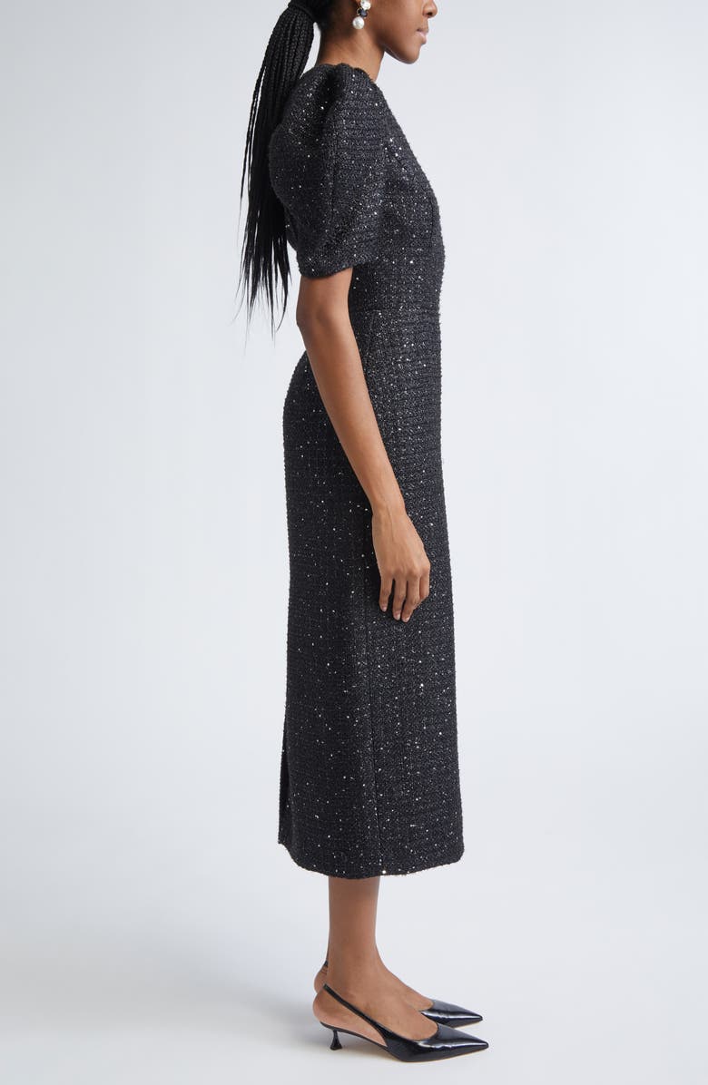 Carolina Herrera Puff Sleeve Metallic Tweed Sheath Dress, Alternate, color, Black