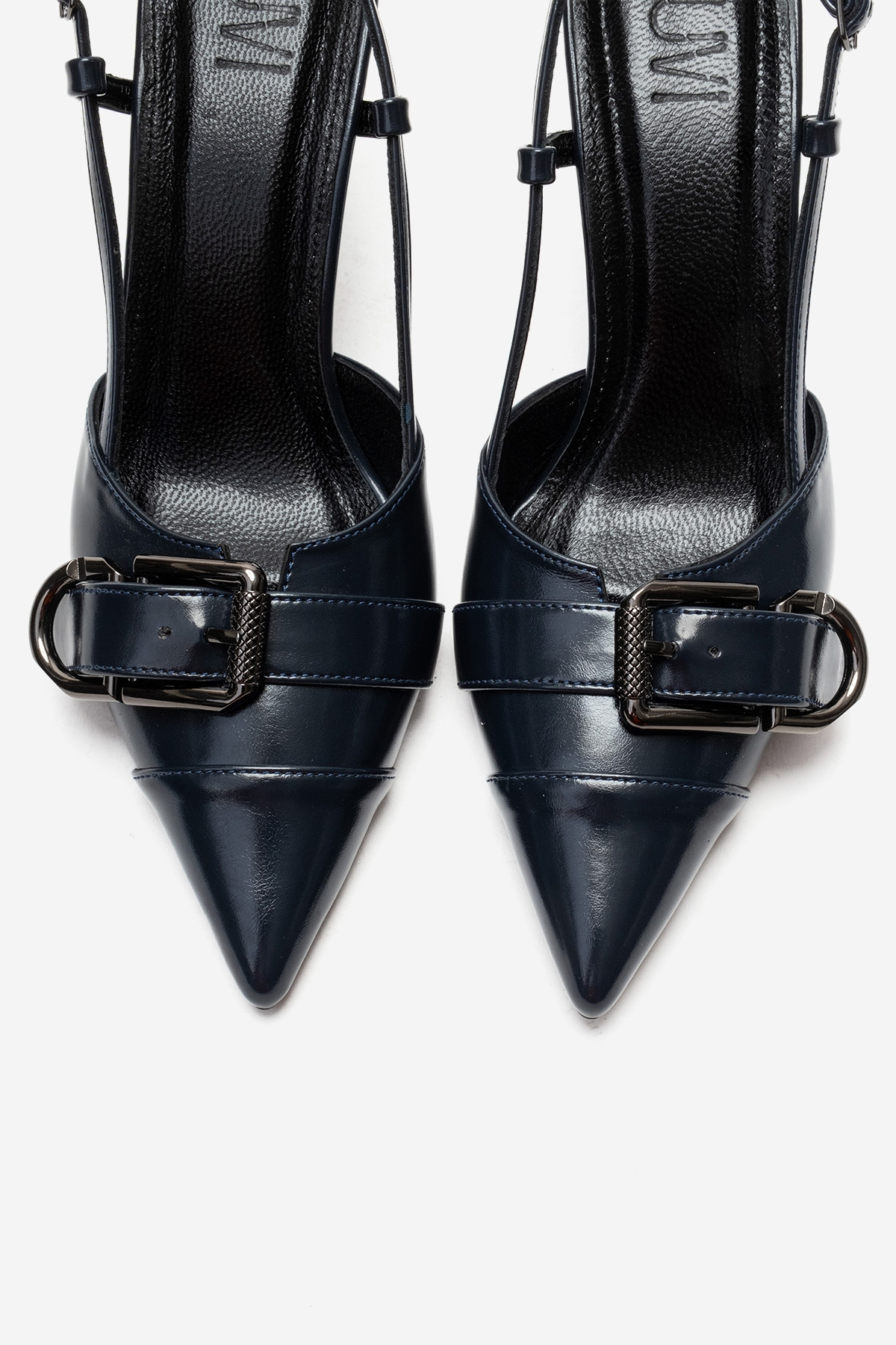 Noen Buckle Pointed Toe Stiletto Pump, Alternate, color, Navy