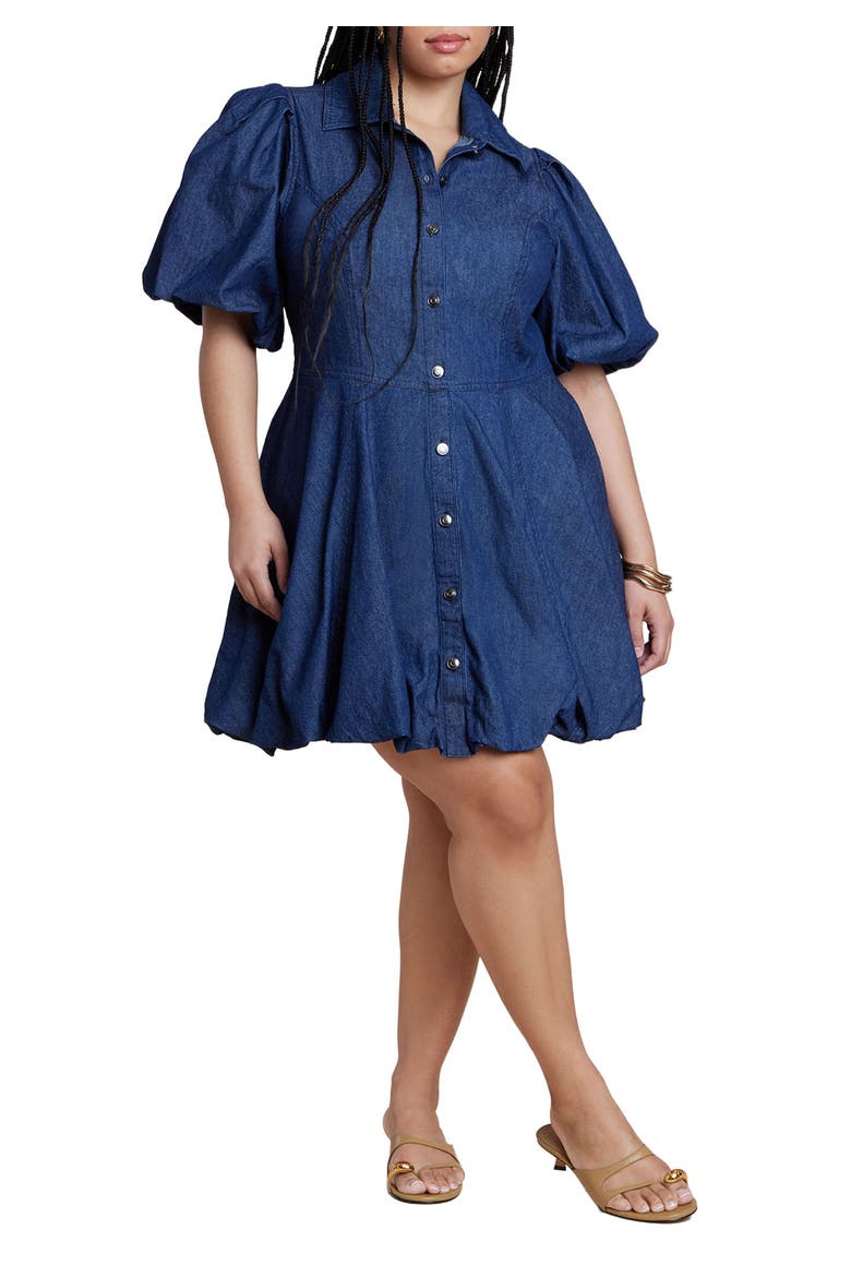 Bubble Detail Denim Mini Dress, Main, color, DARK WASH