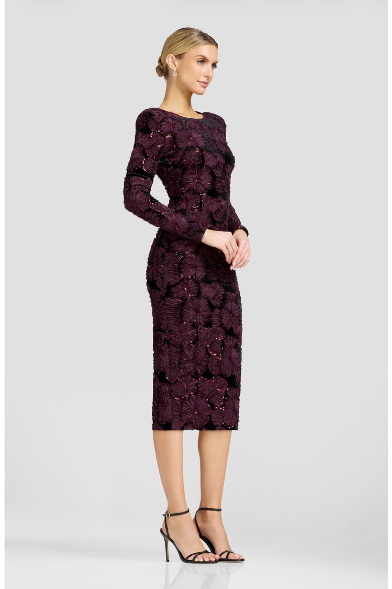 Emmalyn Sequin Appliqué Long Sleeve Cocktail Midi Dress, Alternate, color, BURGUNDY-BLACK