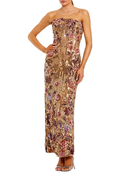 Floral Sequin Mesh Strapless Column Ankle Dress