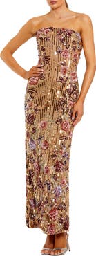 Mac Duggal Floral Sequin Mesh Strapless Column Ankle Dress
