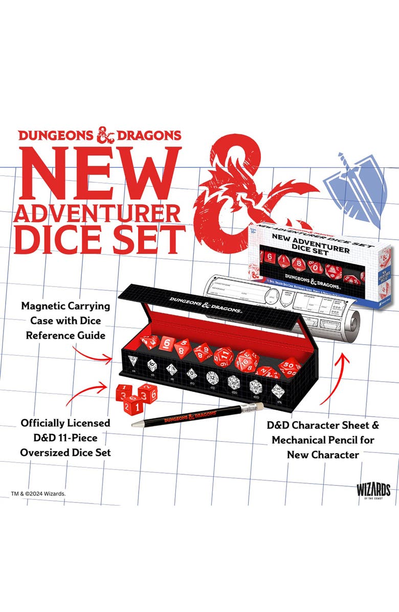 Dungeons & Dragons D&D New Adventurer Dice Set, Red 11 Oversized Rpg Dice, Alternate, color, Red