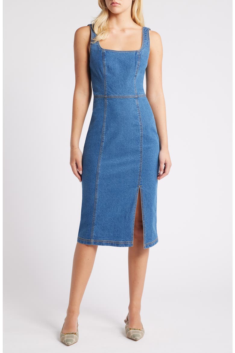 denim dress square neckline Blue Frilly Square Neck Bustier Puff Sleeve Short Denim Dress HannaBanna Clothing