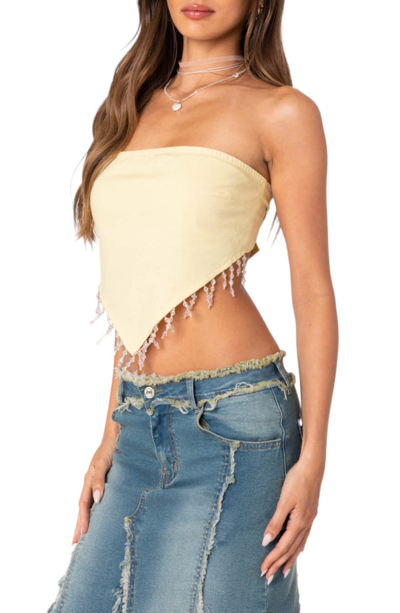 EDIKTED Chandelier Beaded Fringe Triangle Hem Strapless Crop Top, Alternate, color, 