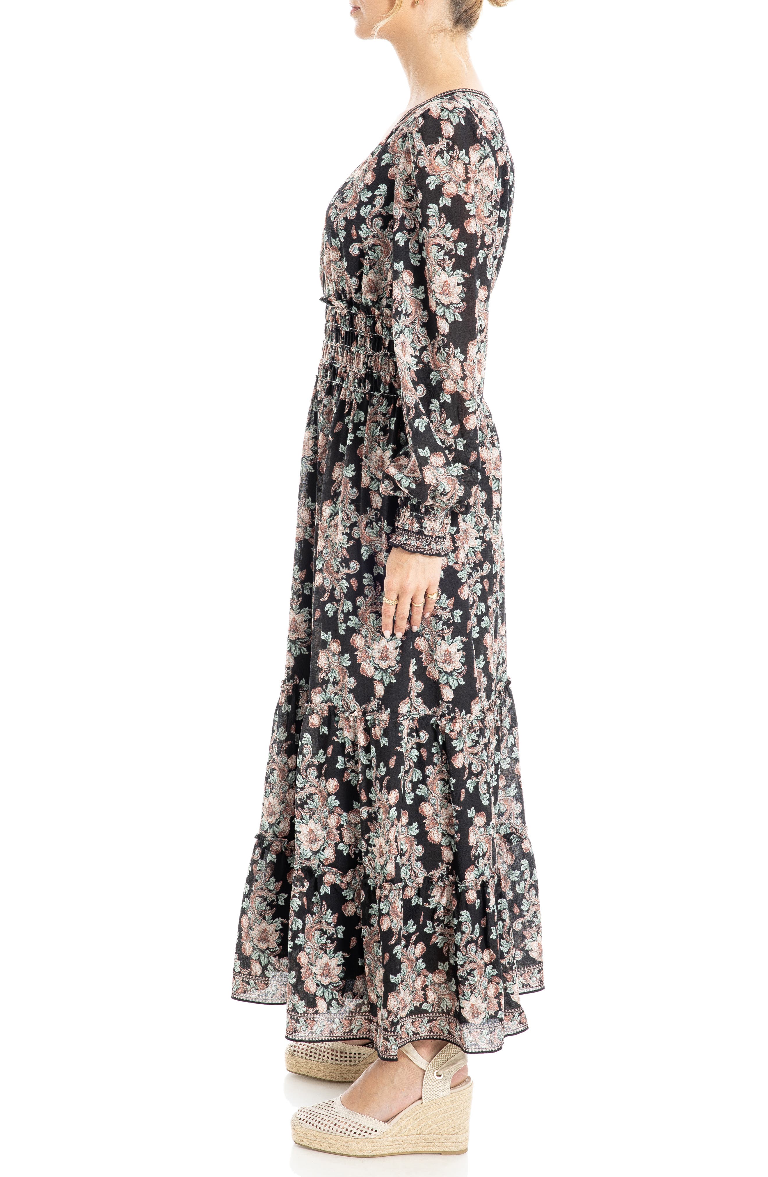 max studio dresses long sleeve Max Studio Women's Long Sleeve V Neck Tiered Maxi Dress, Cream/Pink Floral  Clover Field, Large at Amazon Women's Clothing store