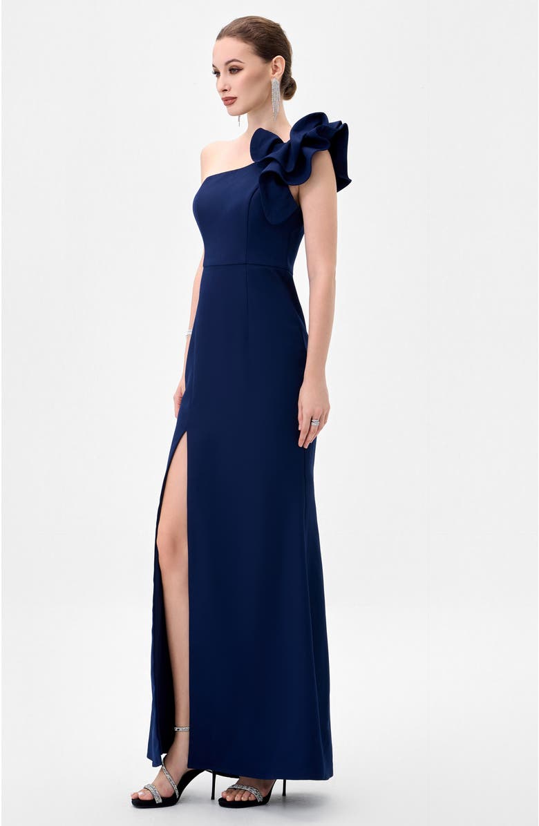 Bariano Sue Frill Shoulder Gown, Alternate, color, Navy