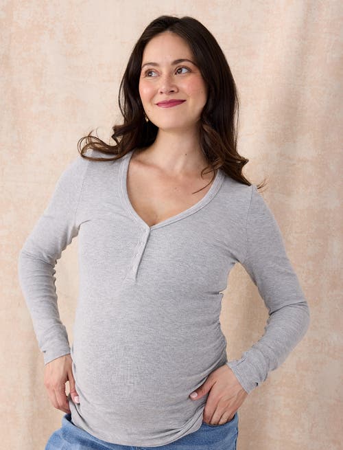 Motherhood Maternity V-neck Side-ruched Long Sleeve Henley Tee In Gray