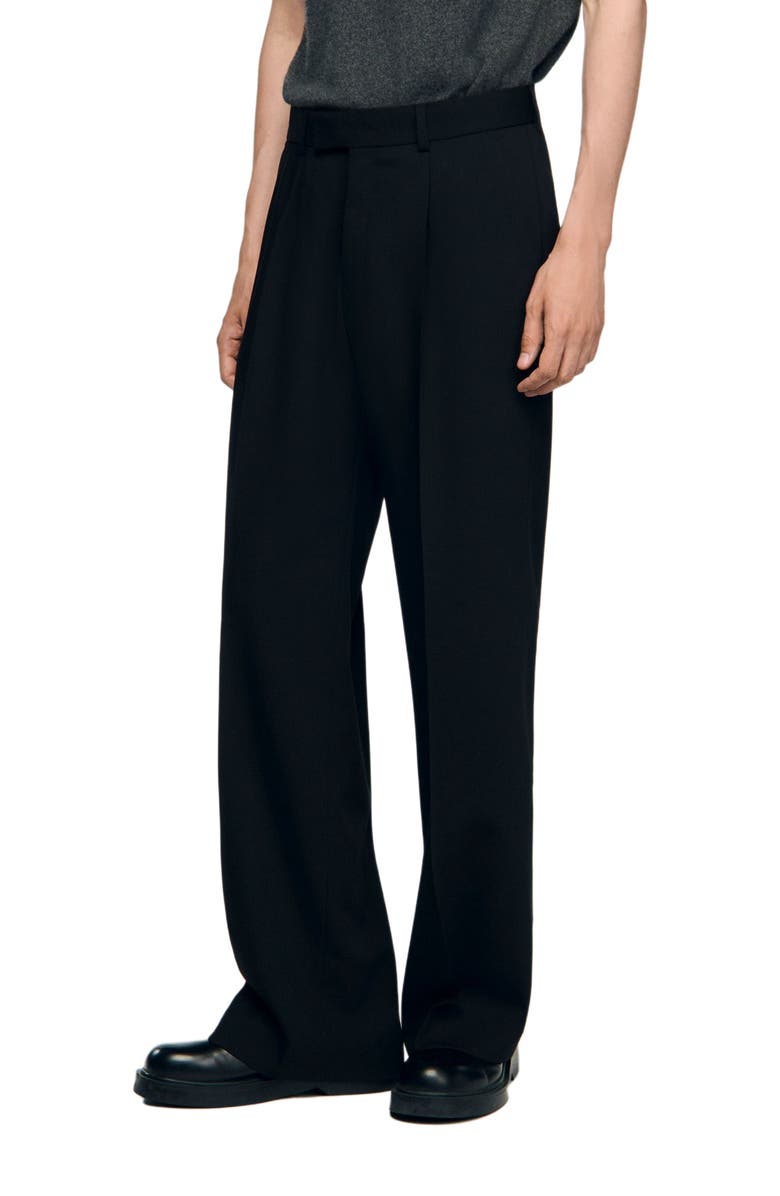 SANDRO Pleated wide-leg wool trousers, Alternate, color, Black