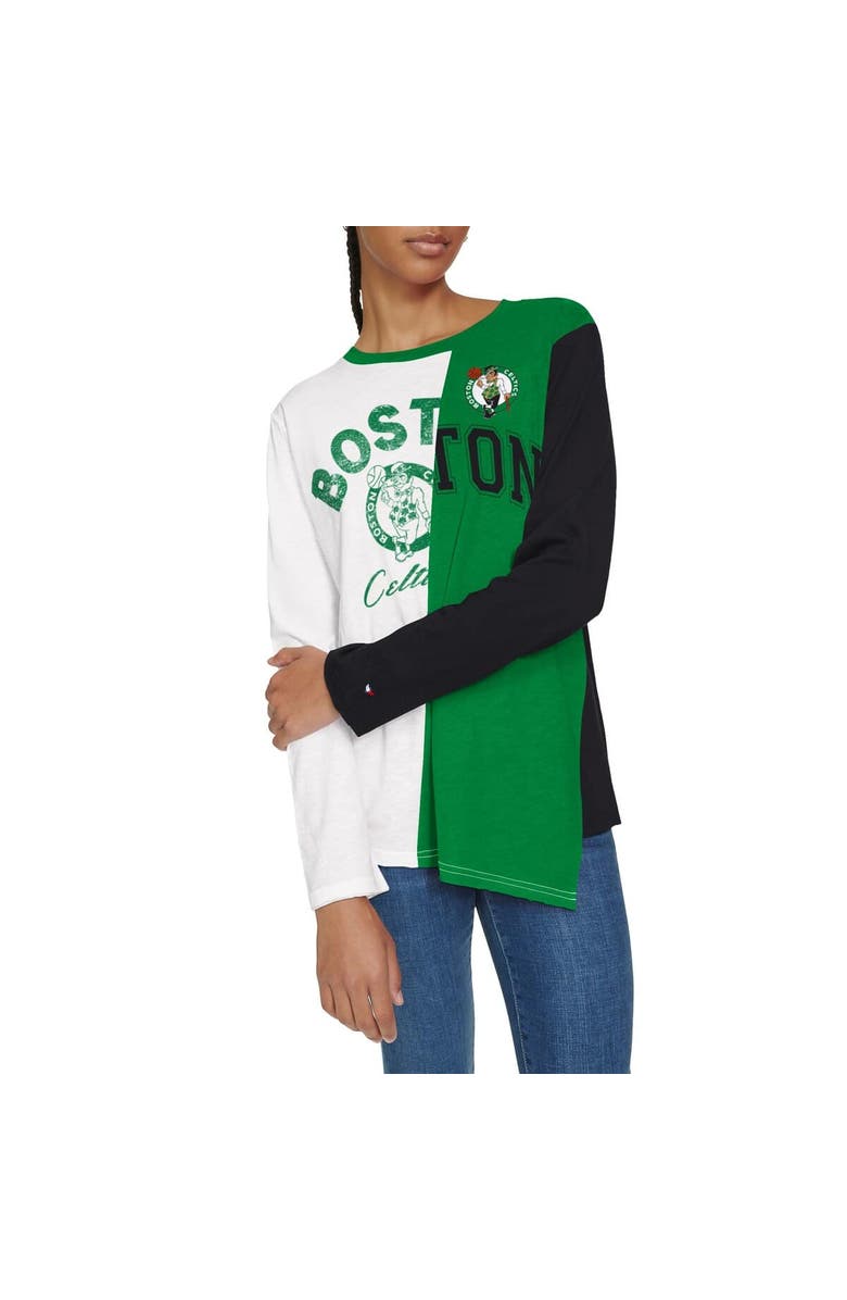 TOMMY JEANS Women's Tommy Jeans White/Kelly Green Boston Celtics Amelia Color Blocked Long Sleeve T-Shirt, Alternate, color,
