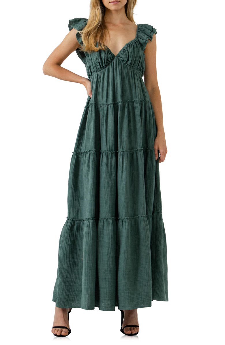 Free the Roses Sweetheart Neck Cotton Gauze Tiered Maxi Dress, Main, color, Green