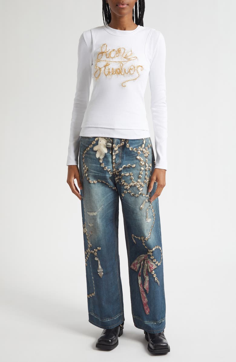 Acne Studios Elga Tinsel Logo Rib Long Sleeve Layered T-Shirt, Alternate, color, Optic White