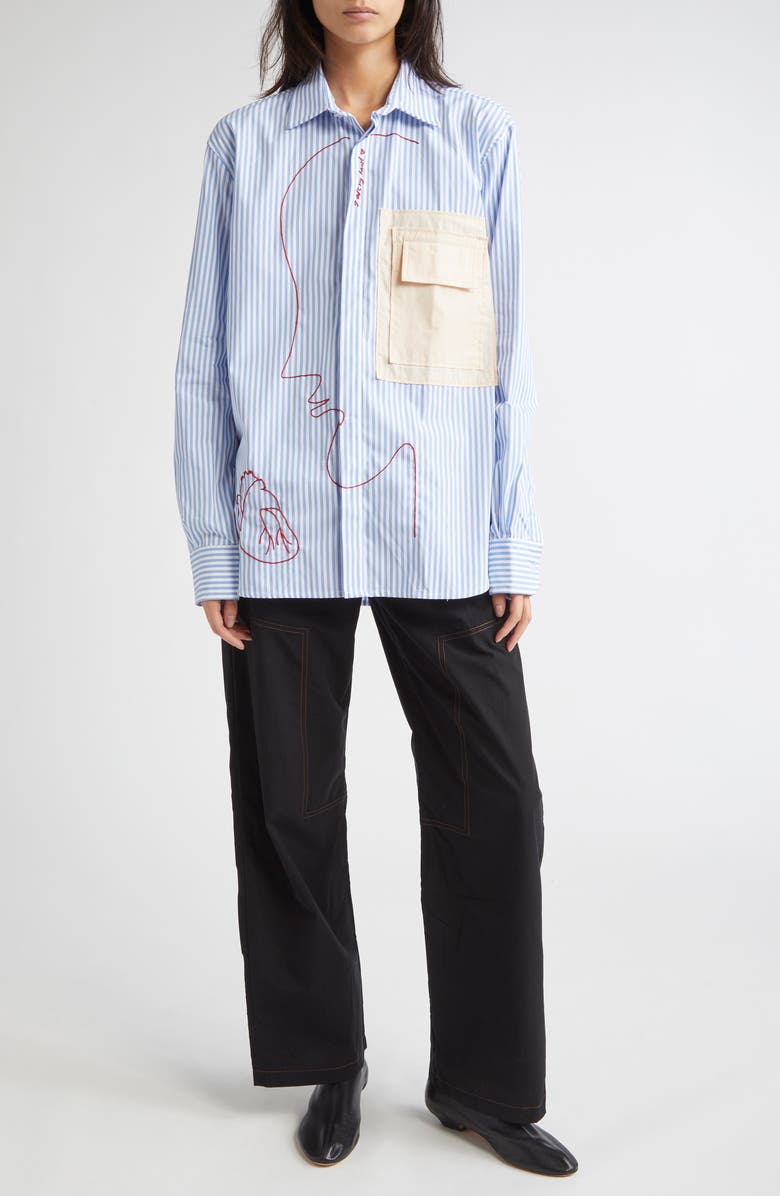 KÚR I Left My Heart Hand-Embroidered Stripe Button-Up Shirt, Alternate, color, 