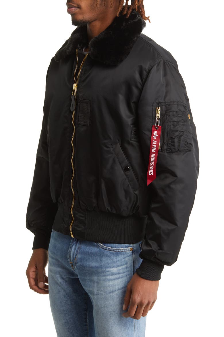 Alpha B-15 Water Resistant Flight Jacket with Removable Faux Fur Collar, Alternate, color, BLACK