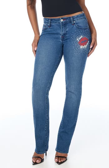 True Religion Billie Sn Nf Rhinestone Mid Rise Straight Leg Jeans In Medium Stargaze Wash