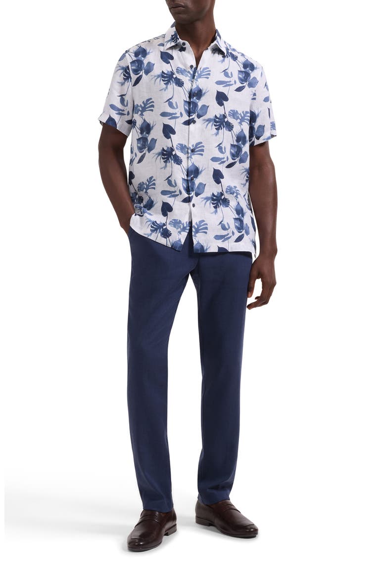 Orson Shaped Fit Leaf Print Short Sleeve Button-Up Shirt, Alternate, color, NAVY