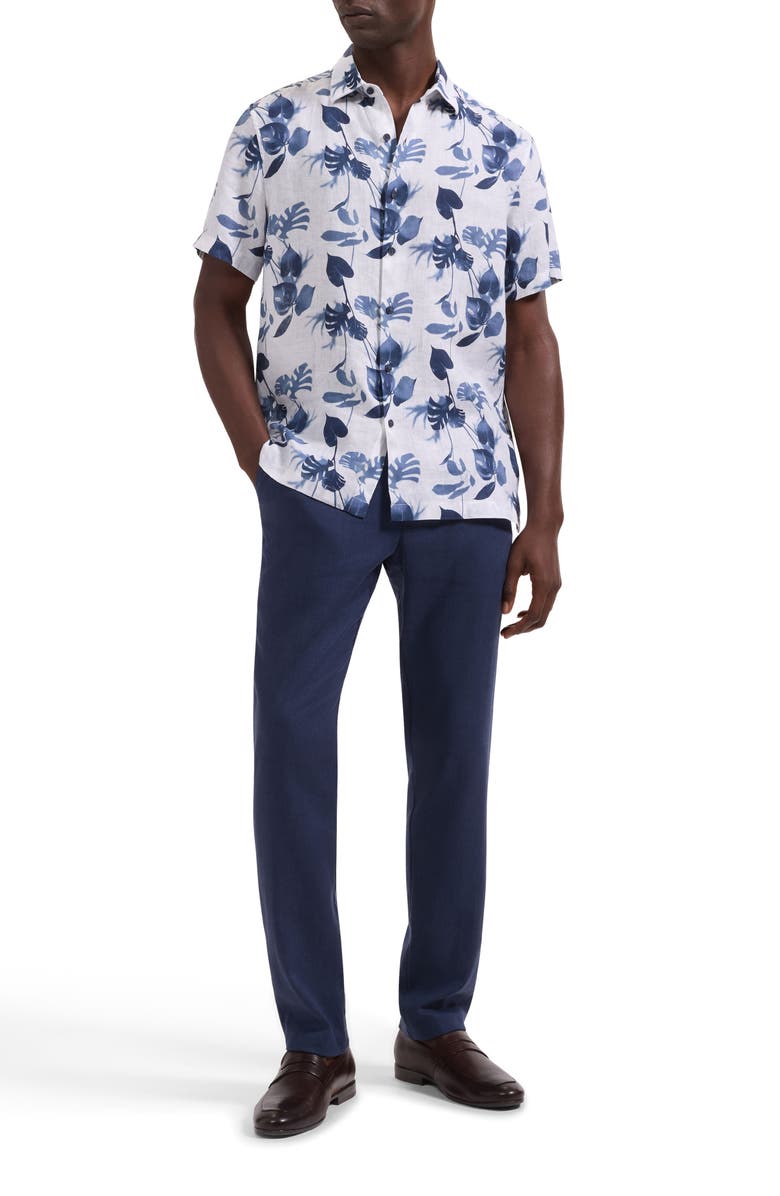 Bugatchi Orson Shaped Fit Leaf Print Short Sleeve Button-Up Shirt, Alternate, color, Navy