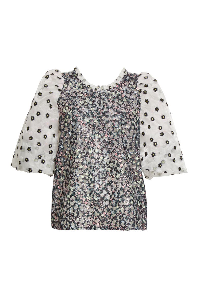 Cadi Floral Print Puff Sleeve Semisheer Top, Alternate, color, BLACK