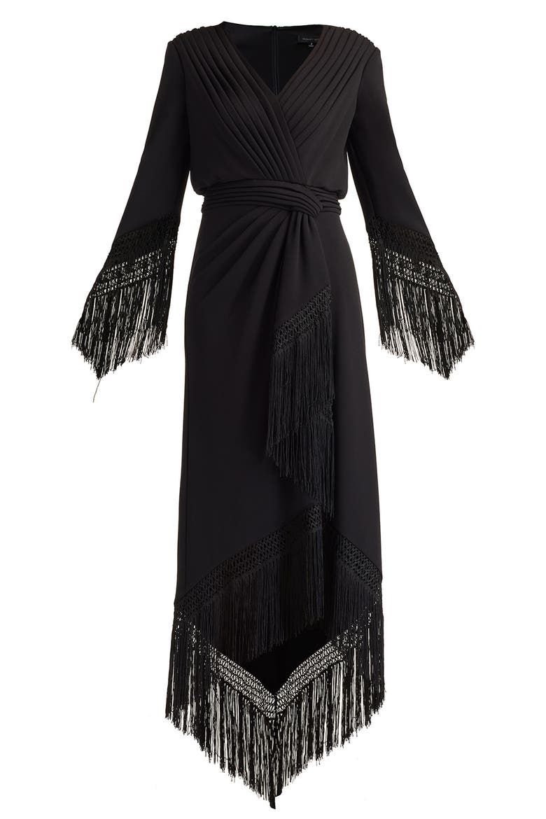 Fringe Detail Long Sleeve Gown, Alternate, color, BLACK