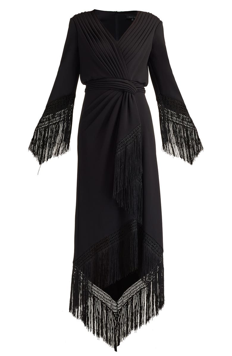 Tadashi Shoji Fringe Detail Long Sleeve Gown, Alternate, color, Black