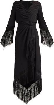 Tadashi Shoji Fringe Detail Long Sleeve Gown