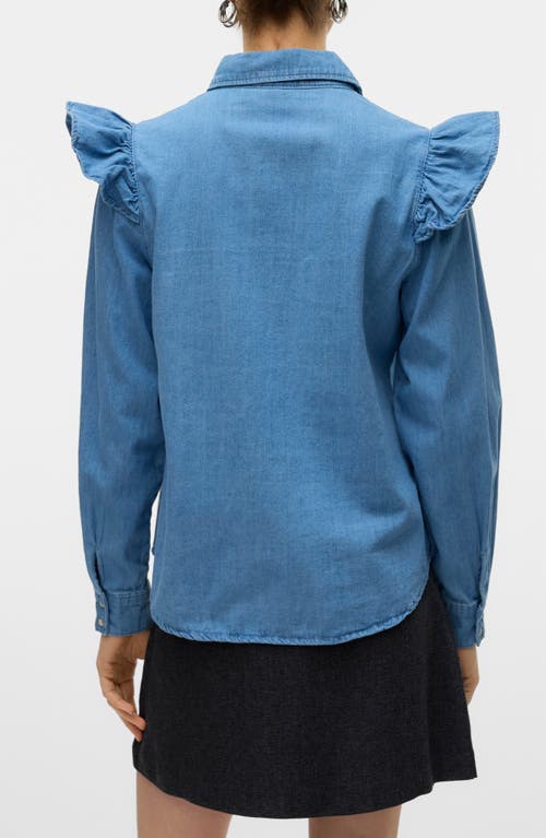 Vero Moda Uli Ruffle Yoke Denim Button-up Shirt In Blue