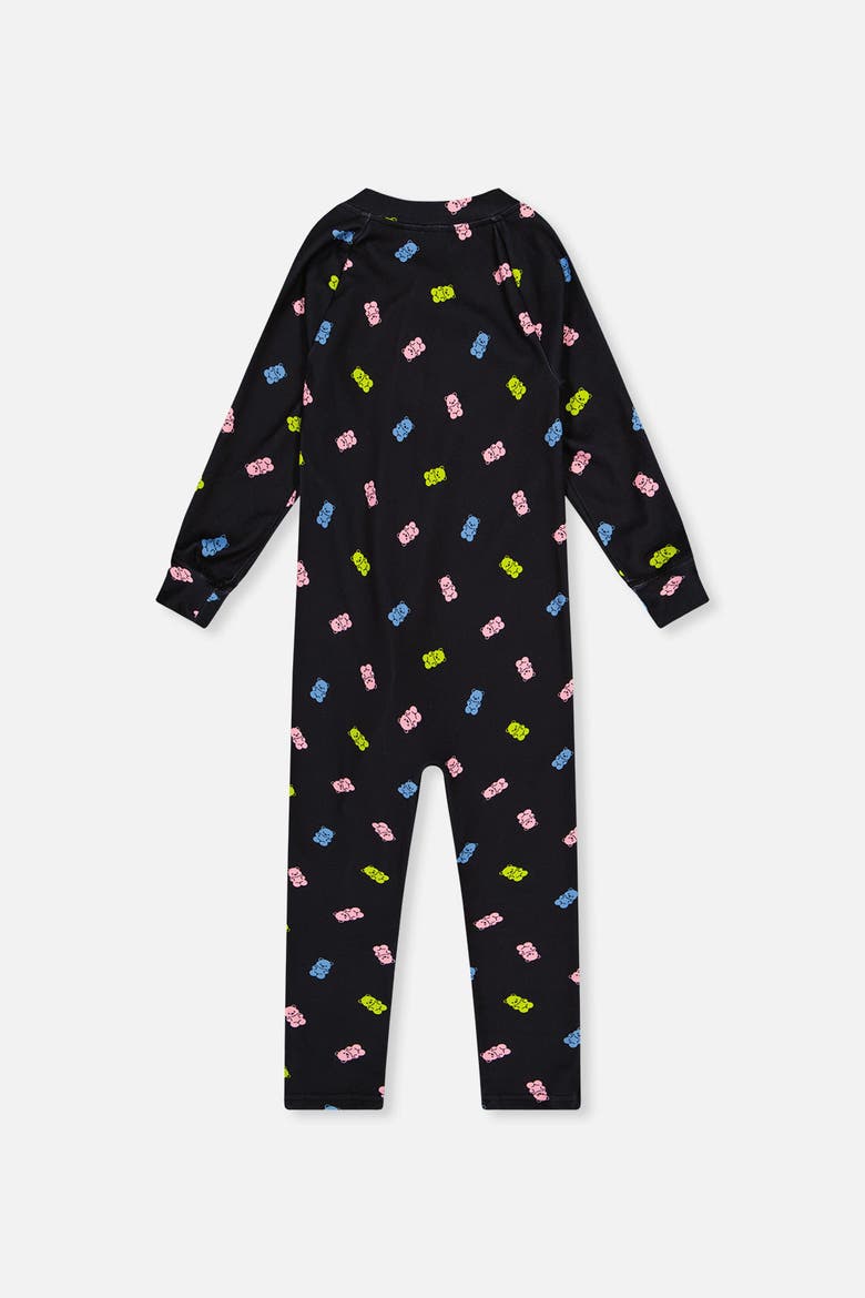 One Piece Gummy Bears Fleece Zipper Asymmetric Thermal Underwear, Alternate, color, Black Printed Gummy Bears