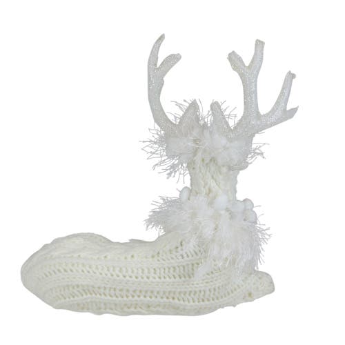 Northlight Cable Knit Sweater Sitting Reindeer Christmas Figure In White