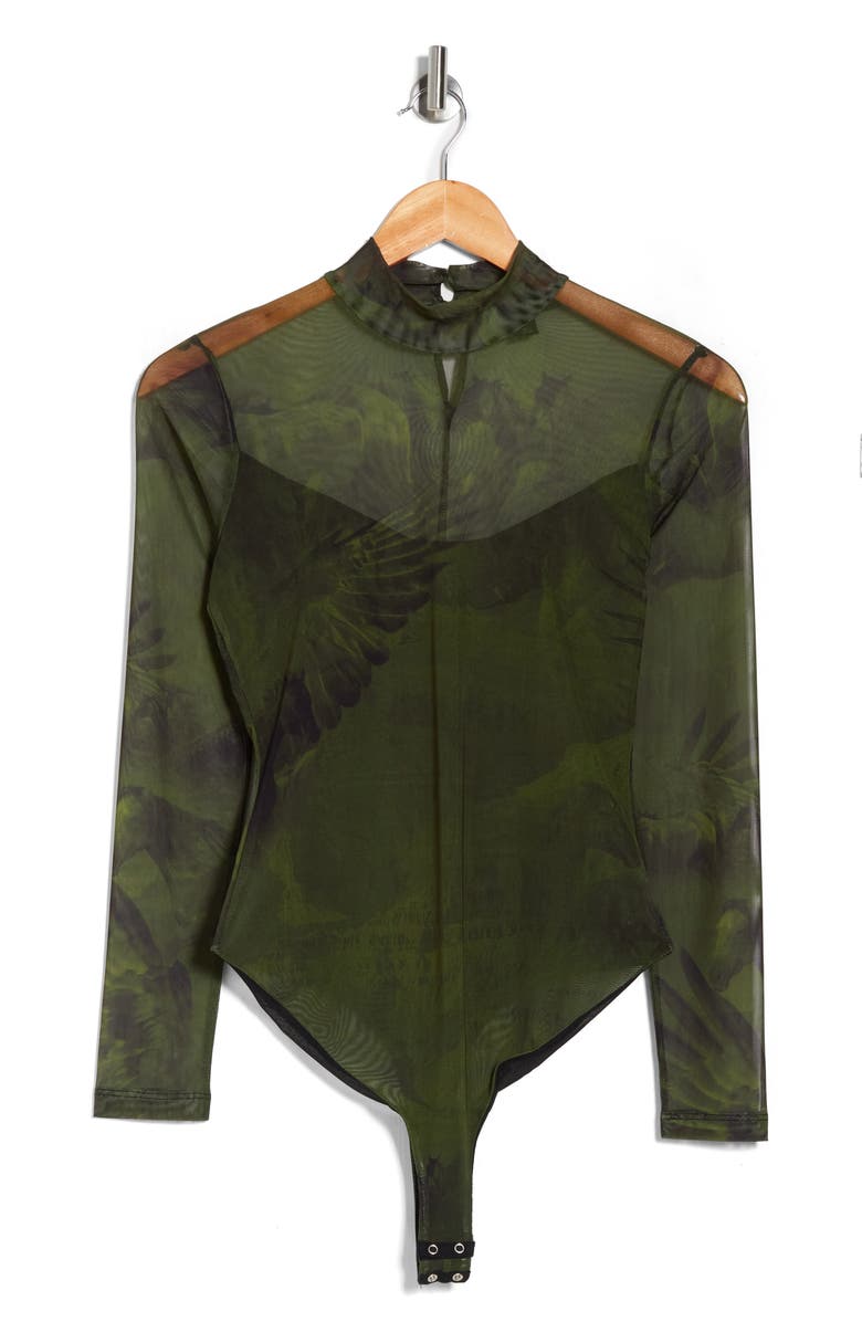 AllSaints Elia Colca Mesh Mock Neck Bodysuit, Alternate, color, Olive Green