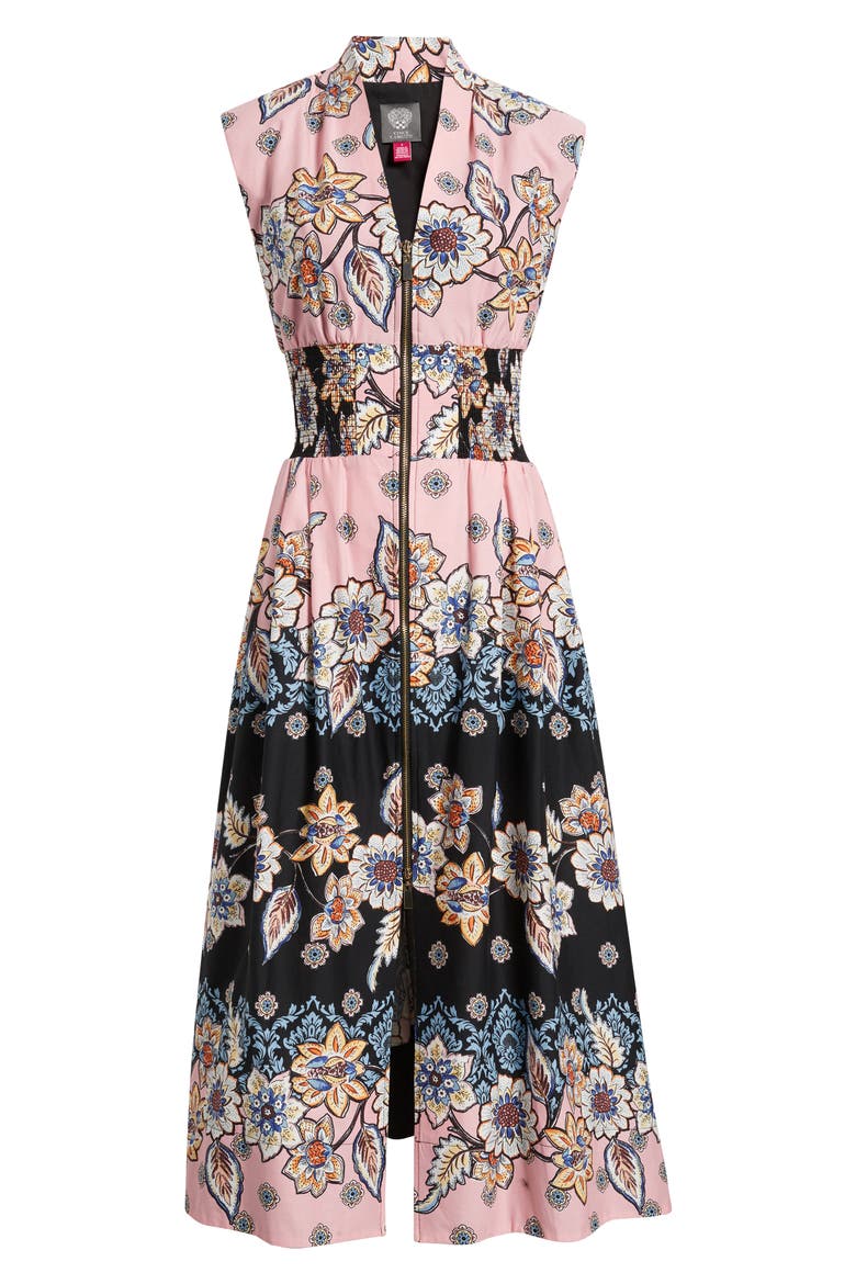 Smocked Waist Stretch Cotton Midi Dress, Alternate, color, PINK MULTI