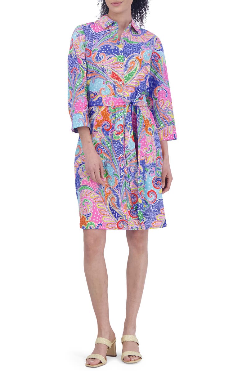 Foxcroft Rocca Paisley Belted Three-Quarter Sleeve Cotton Shirtdress, Main, color, 