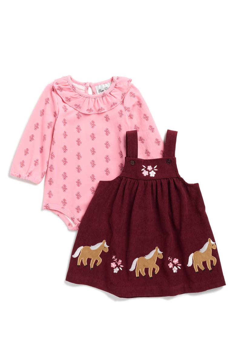 Rare Editions Ruffle Neck Bodysuit & Overall Dress Set, Main, color, Pink