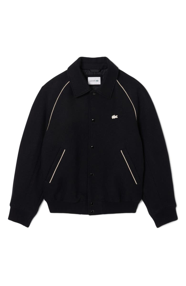 Lacoste Logo Appliqué Wool Blend Varsity Jacket, Alternate, color, Black