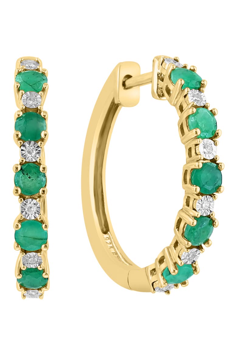 14k Gold Plated Emerald and Diamond Hoop Earrings, Main, color, GREEN
