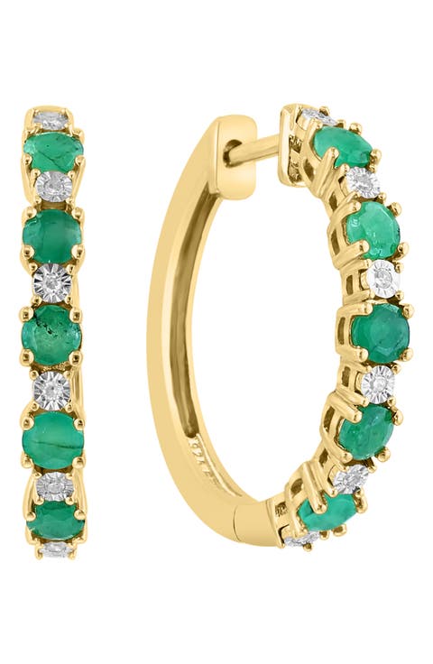 14k Gold Plated Emerald and Diamond Hoop Earrings