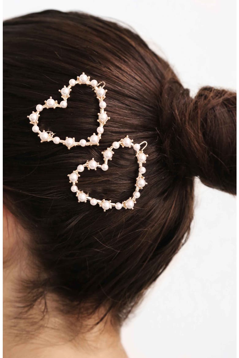 Set of 2 Imitation Pearl Heart Barrettes, Alternate, color, GOLD