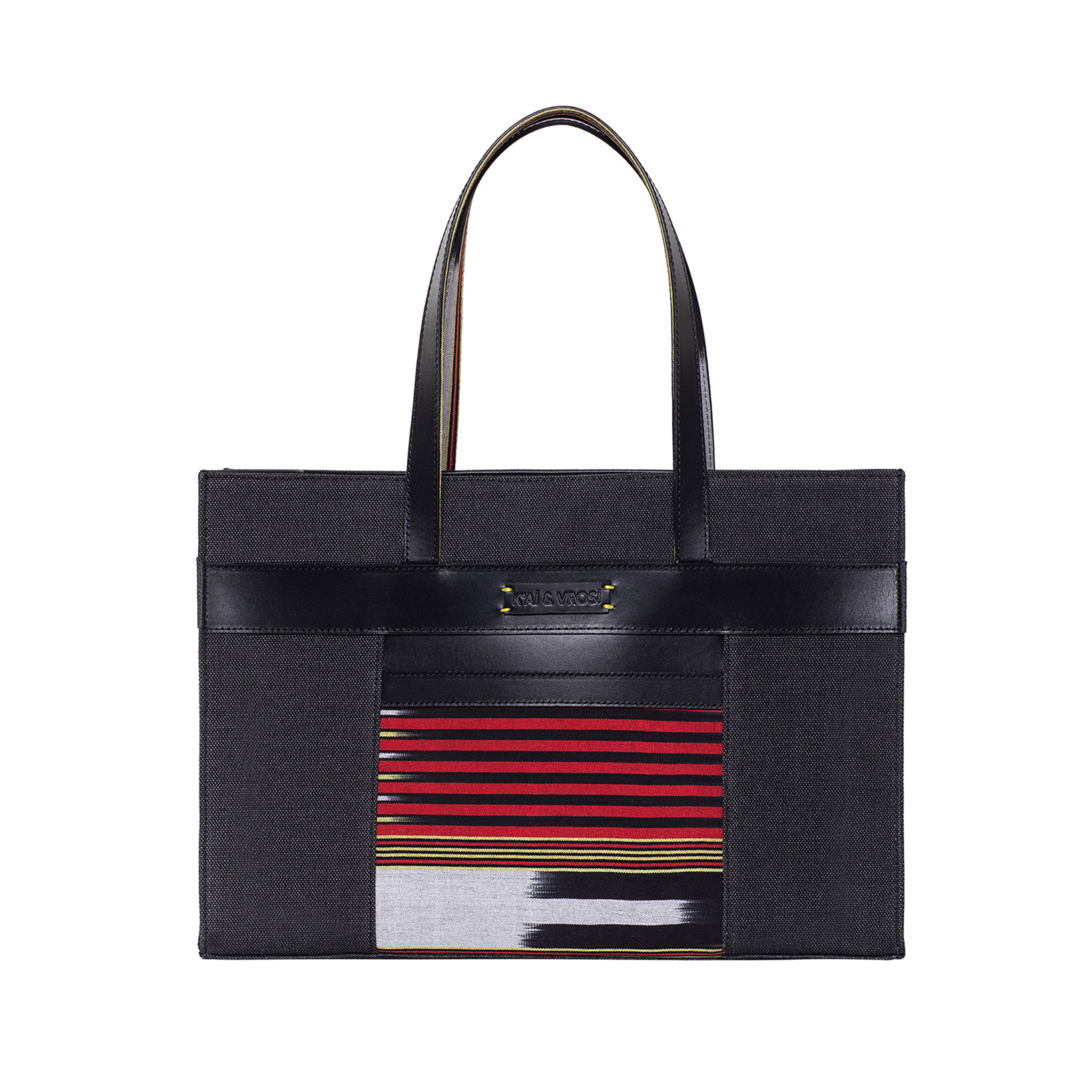 K'ai & Vrosi Leather & Canvas Tote Bag with Pockets, Main, color, Black