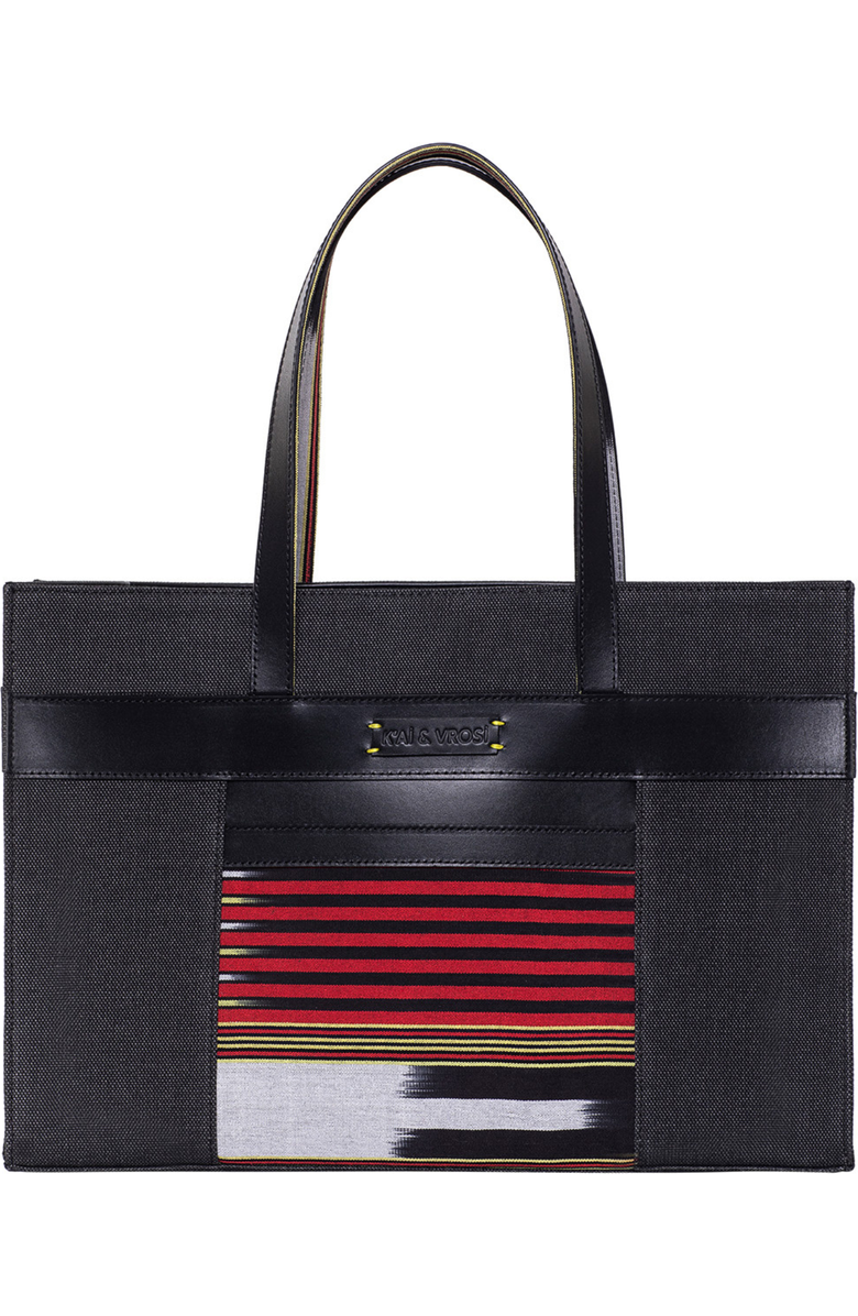 K'ai & Vrosi Leather & Canvas Tote Bag with Pockets, Main, color, Black