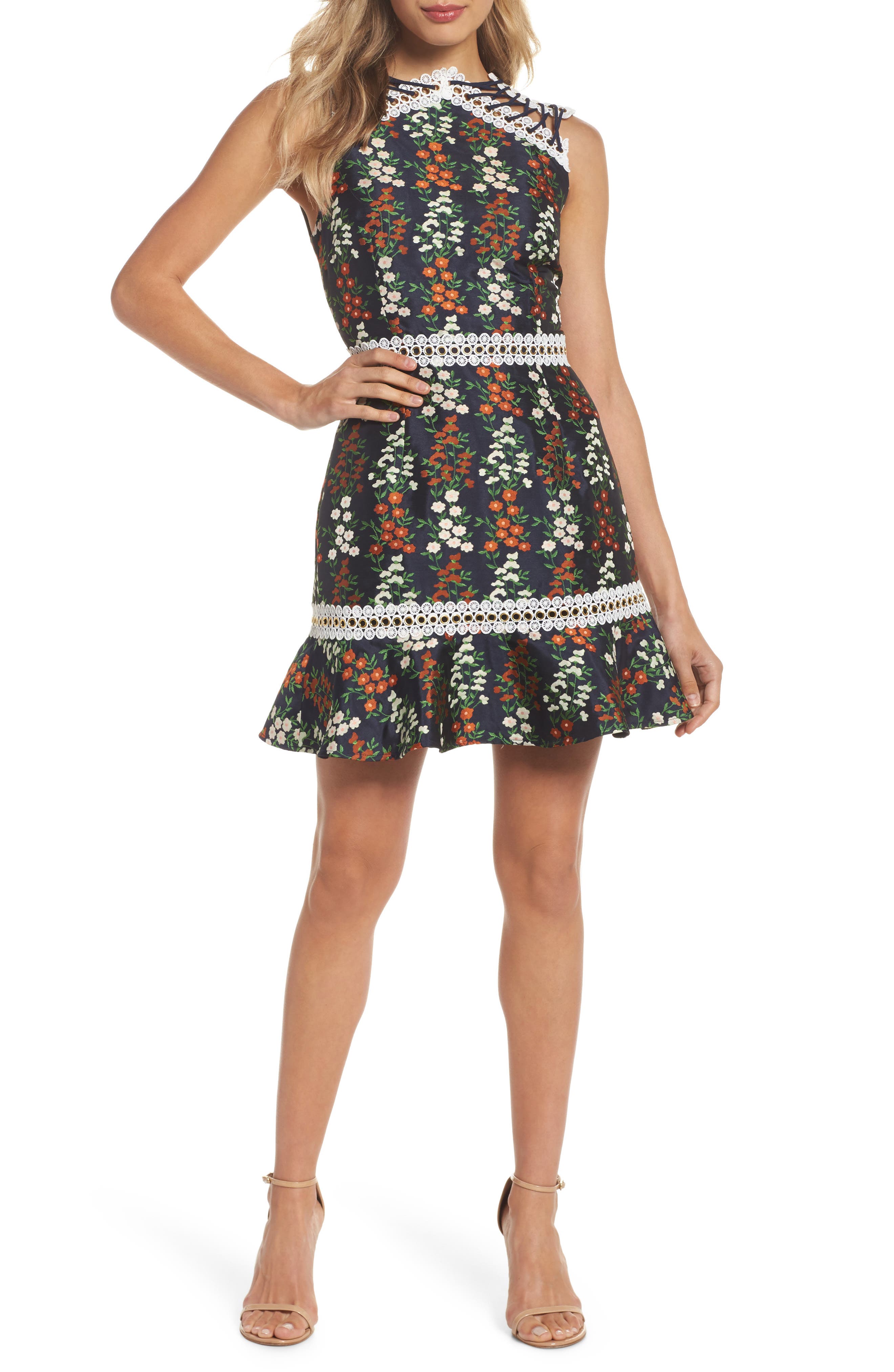 Keepsake the Label Faithful Floral Lace-Up Shoulder Dress in Navy 