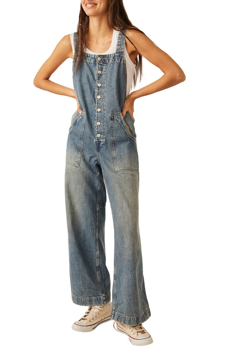 Free People Fields of Flowers Wide Leg Denim Overalls, Main, color,