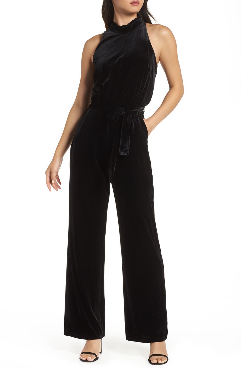 Vince Camuto Ruffle Neck Velvet Jumpsuit, Main, color,