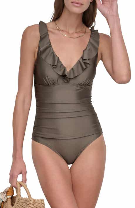 DKNY Ruffle Plunge One-Piece Swimsuit