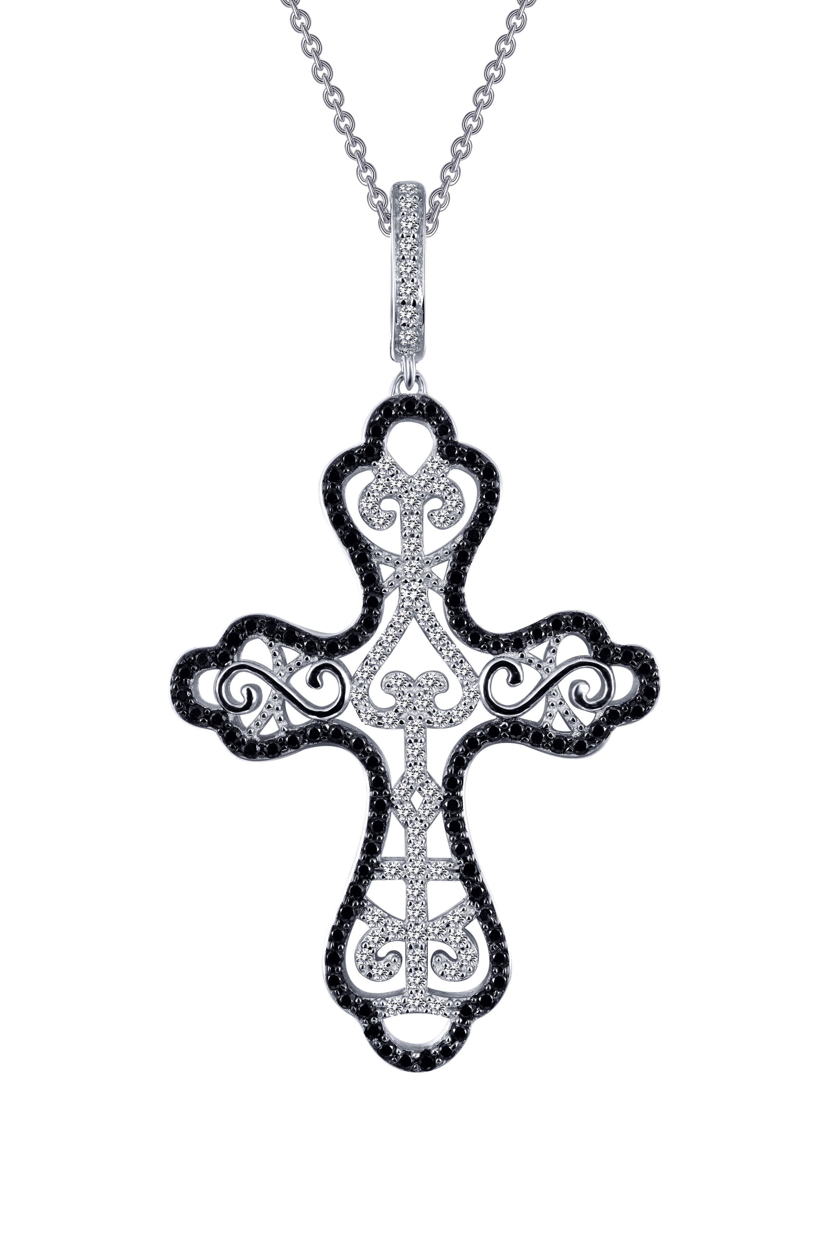 Simulated Diamond & Lab Grown Sapphire Filigree Cross Pendant Necklace