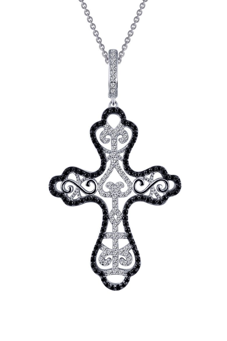 Simulated Diamond & Lab Grown Sapphire Filigree Cross Pendant Necklace, Main, color, BLACK/ WHITE