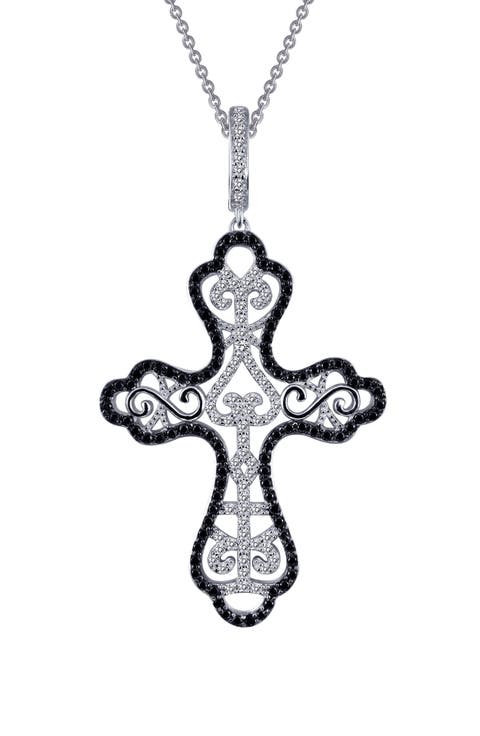 Simulated Diamond & Lab Grown Sapphire Filigree Cross Pendant Necklace